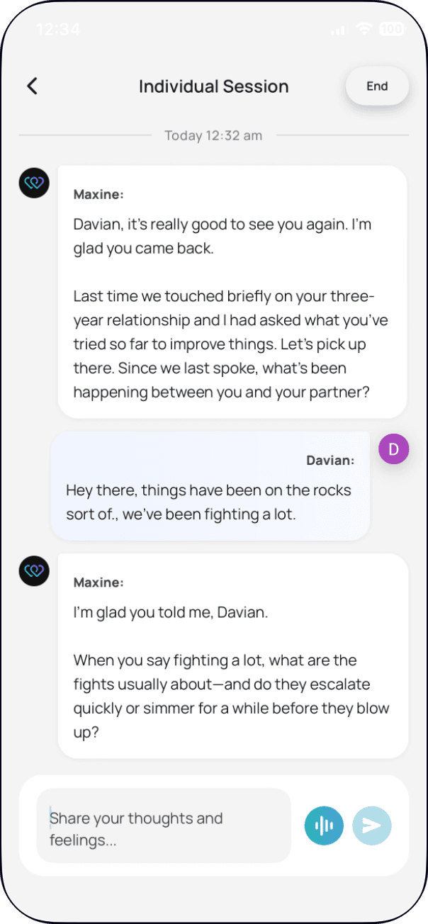 A text session with Maxine, CoupleWork's AI relationship coach