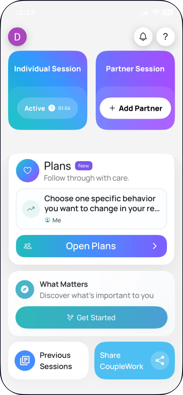 CoupleWork's home screen with Individual and Partner Sessions, Plans, and What Matters