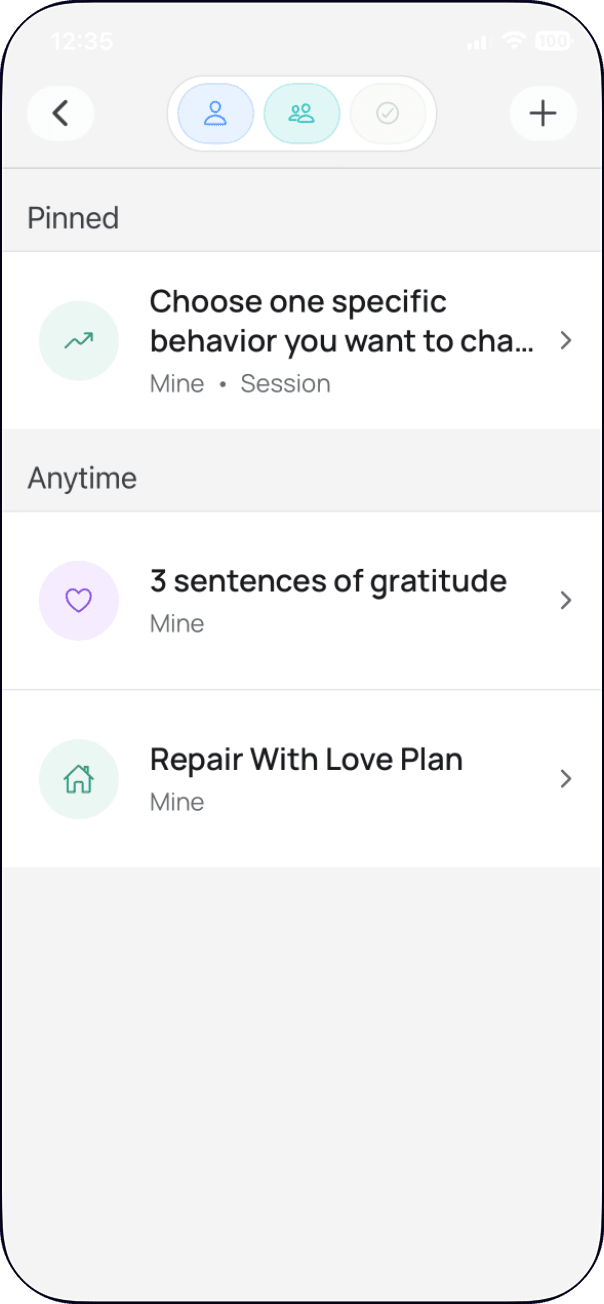 CoupleWork's Plans list with pinned and anytime relationship exercises