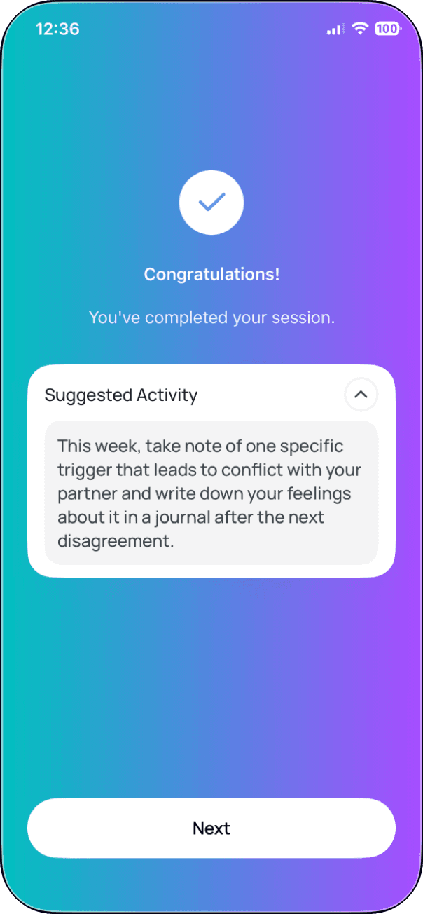 CoupleWork's session complete screen with a suggested activity for the week