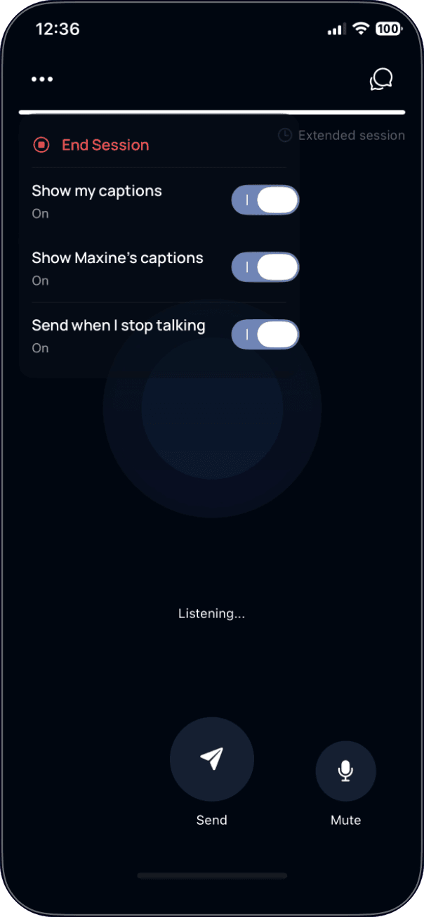 A voice session with Maxine in CoupleWork, with caption and auto-send settings open