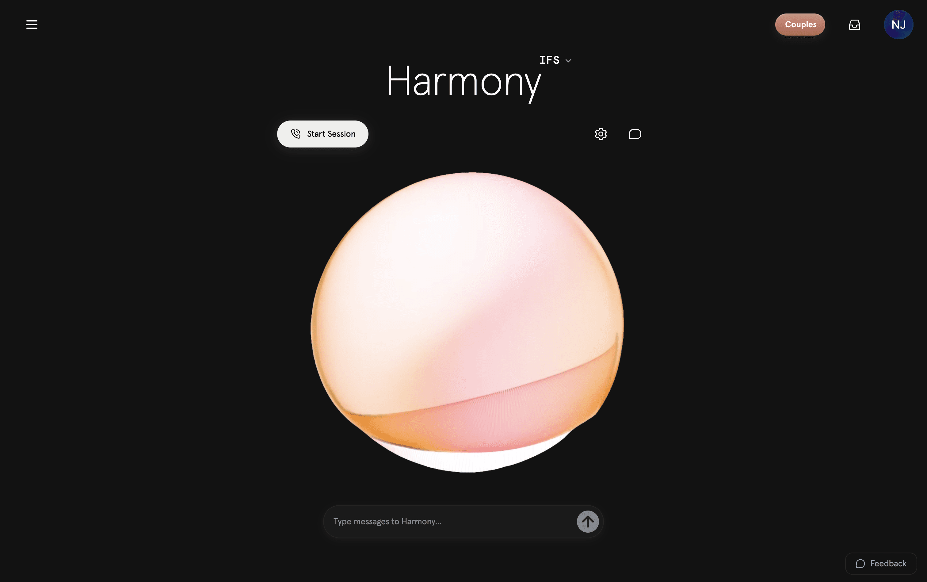 Harmony's home screen with the orb, ready to start an IFS session