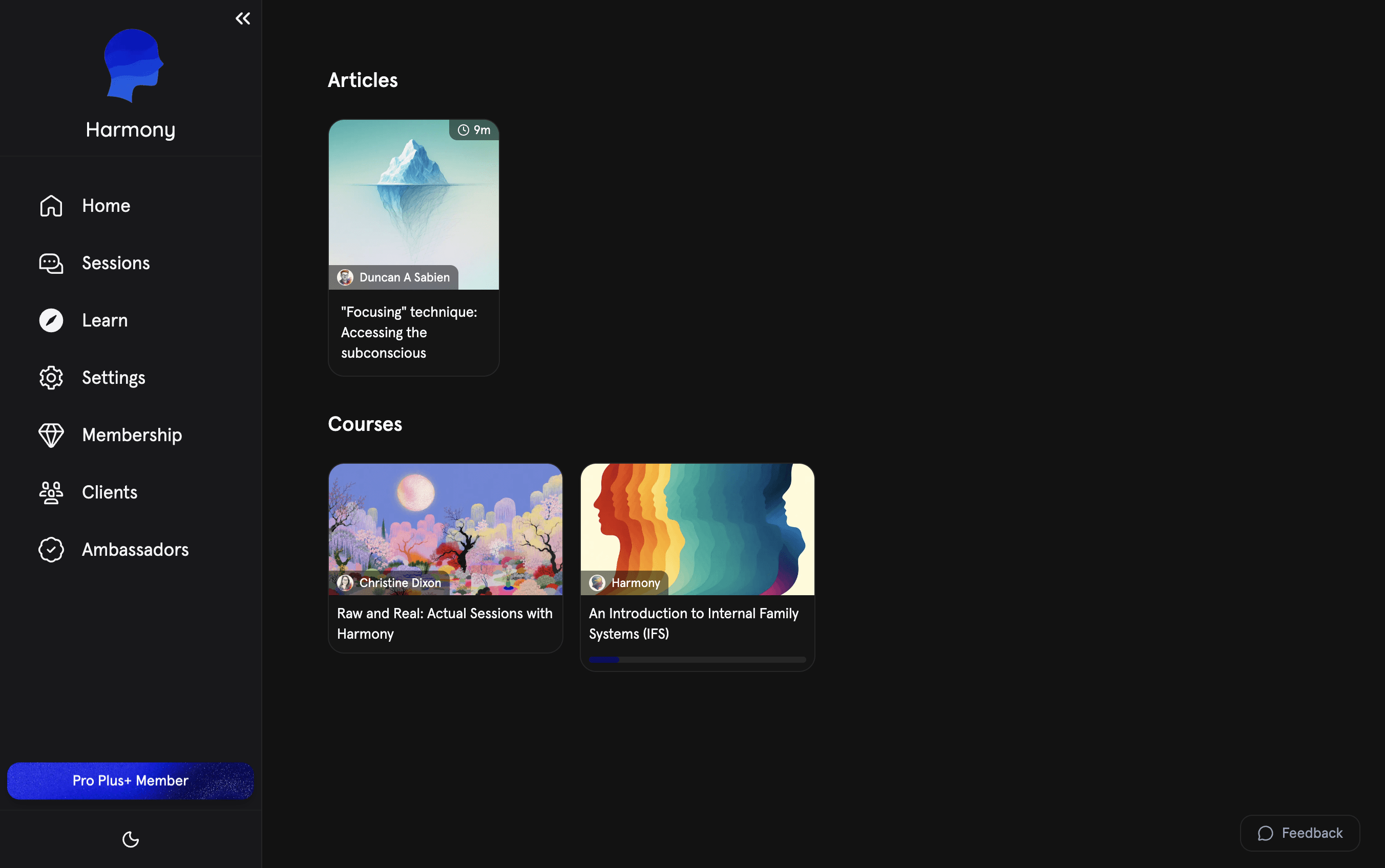Harmony's Learn tab with articles and courses on IFS
