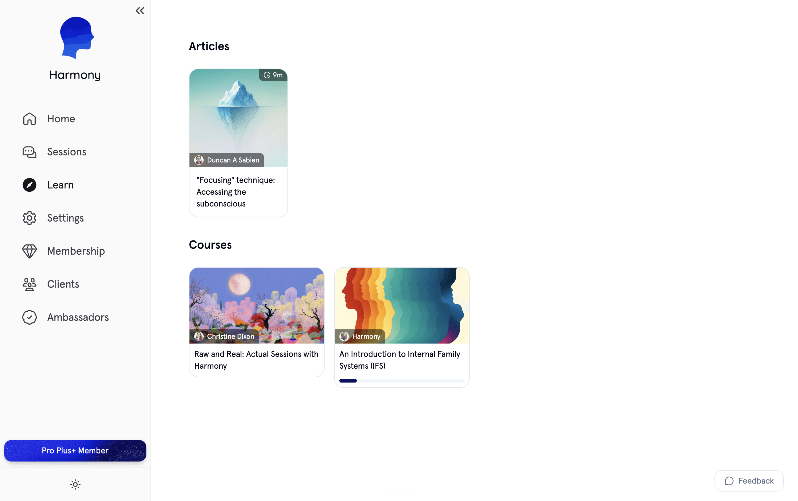 Harmony's Learn tab with articles and courses on IFS