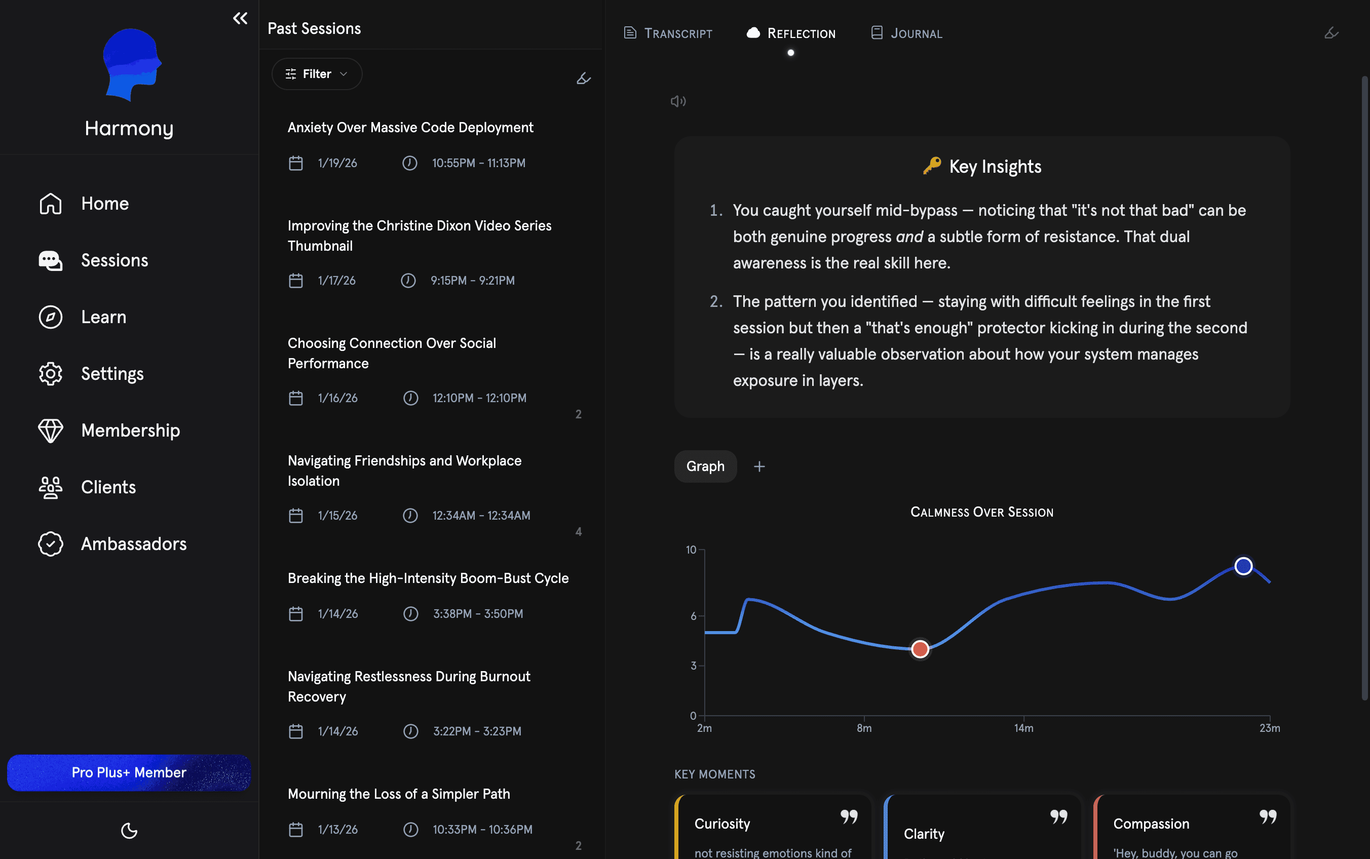Harmony's post-session Reflection tab with key insights and a calmness graph