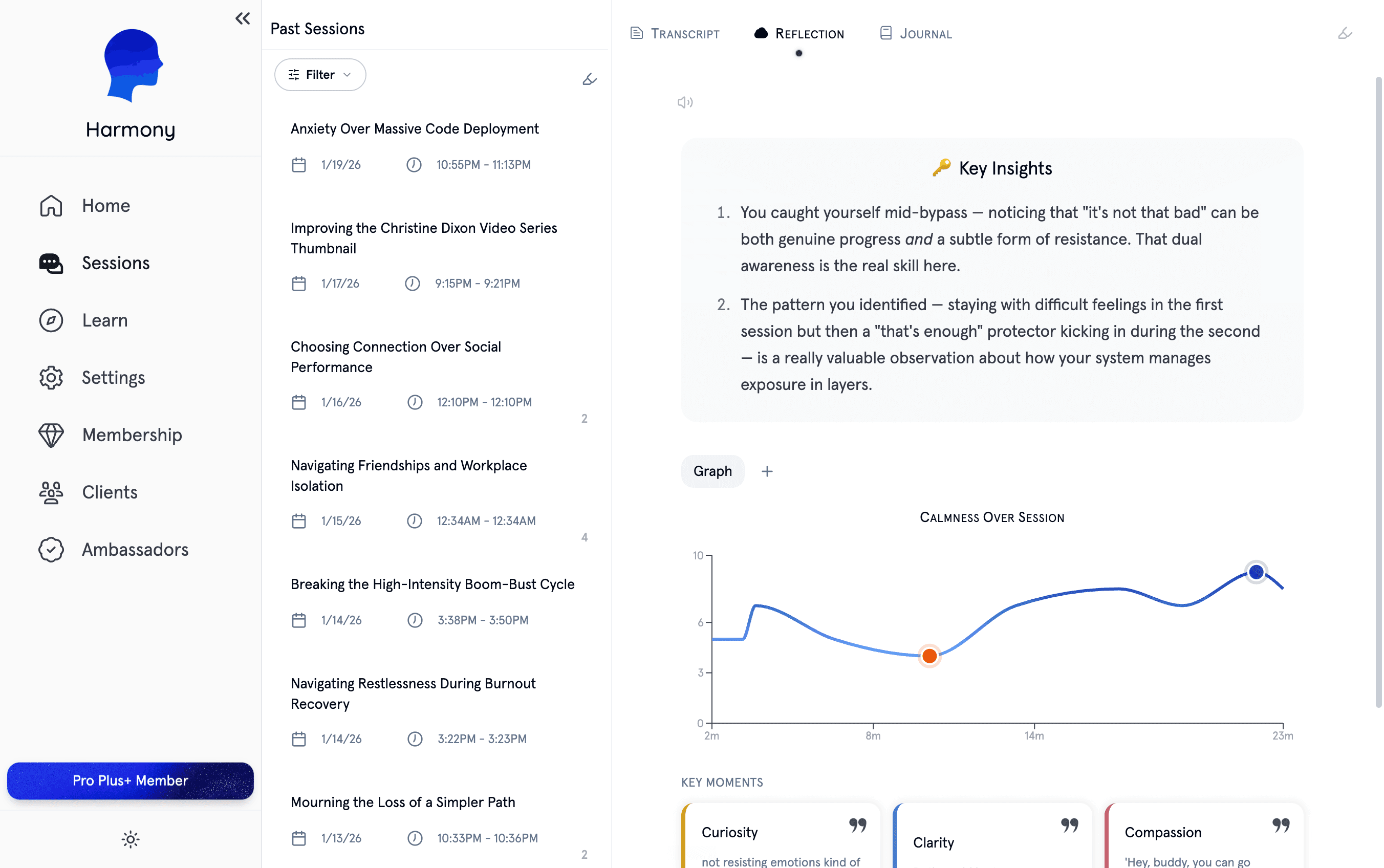 Harmony's post-session Reflection tab with key insights and a calmness graph
