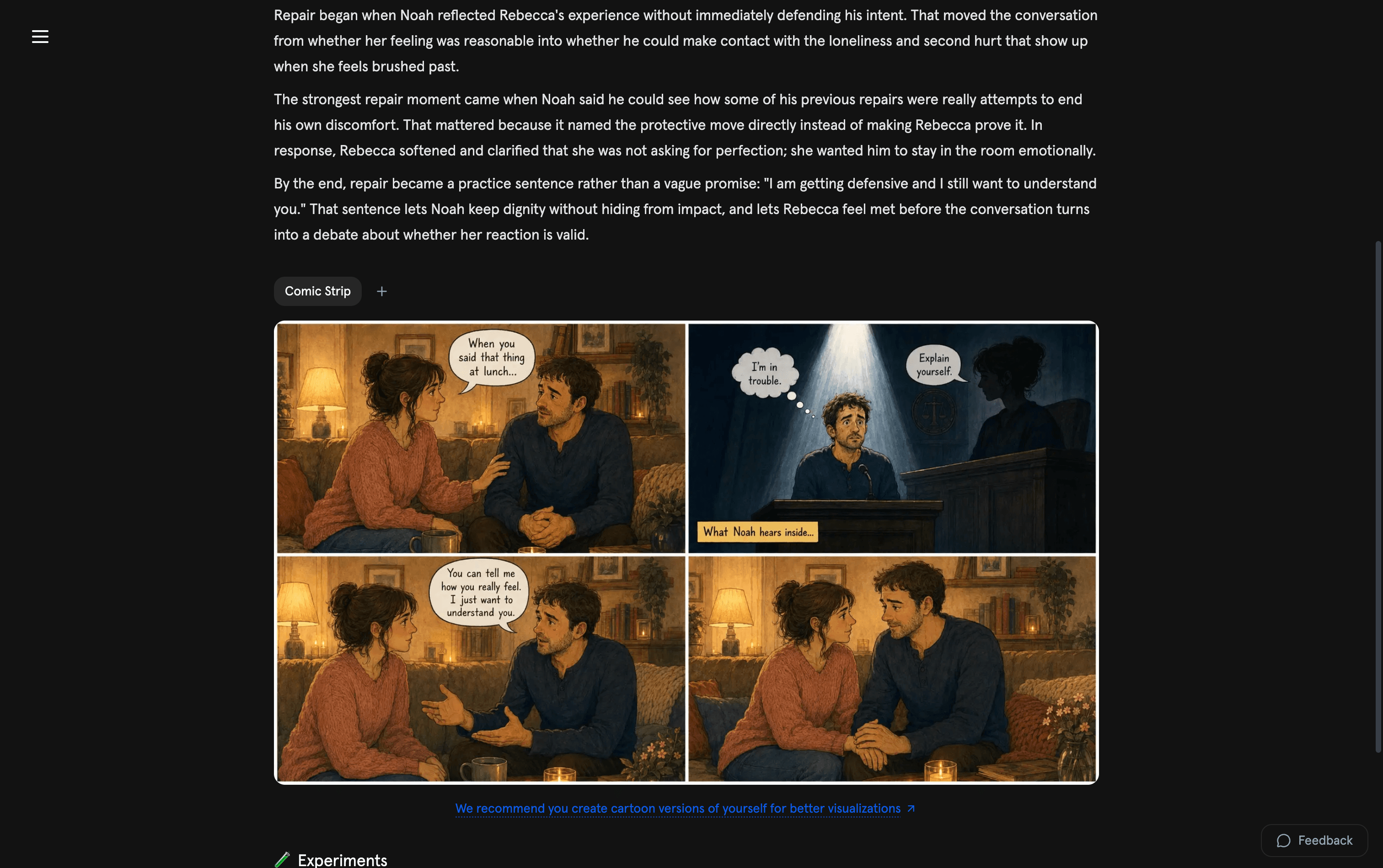 Harmony's post-session analysis of a couples session, with a comic strip of the conversation
