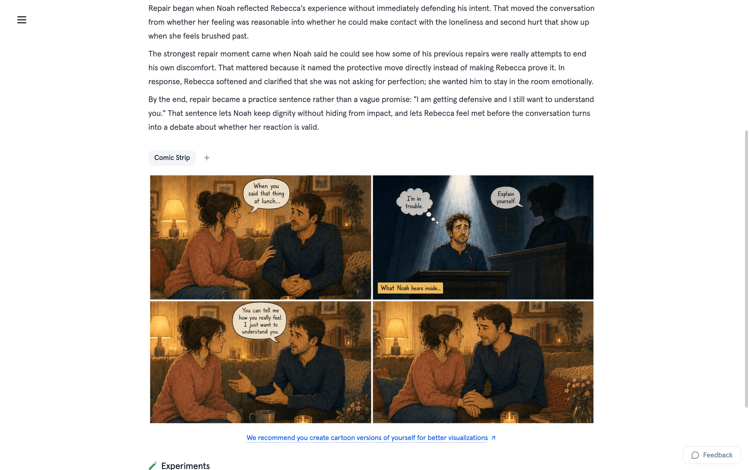 Harmony's post-session analysis of a couples session, with a comic strip of the conversation