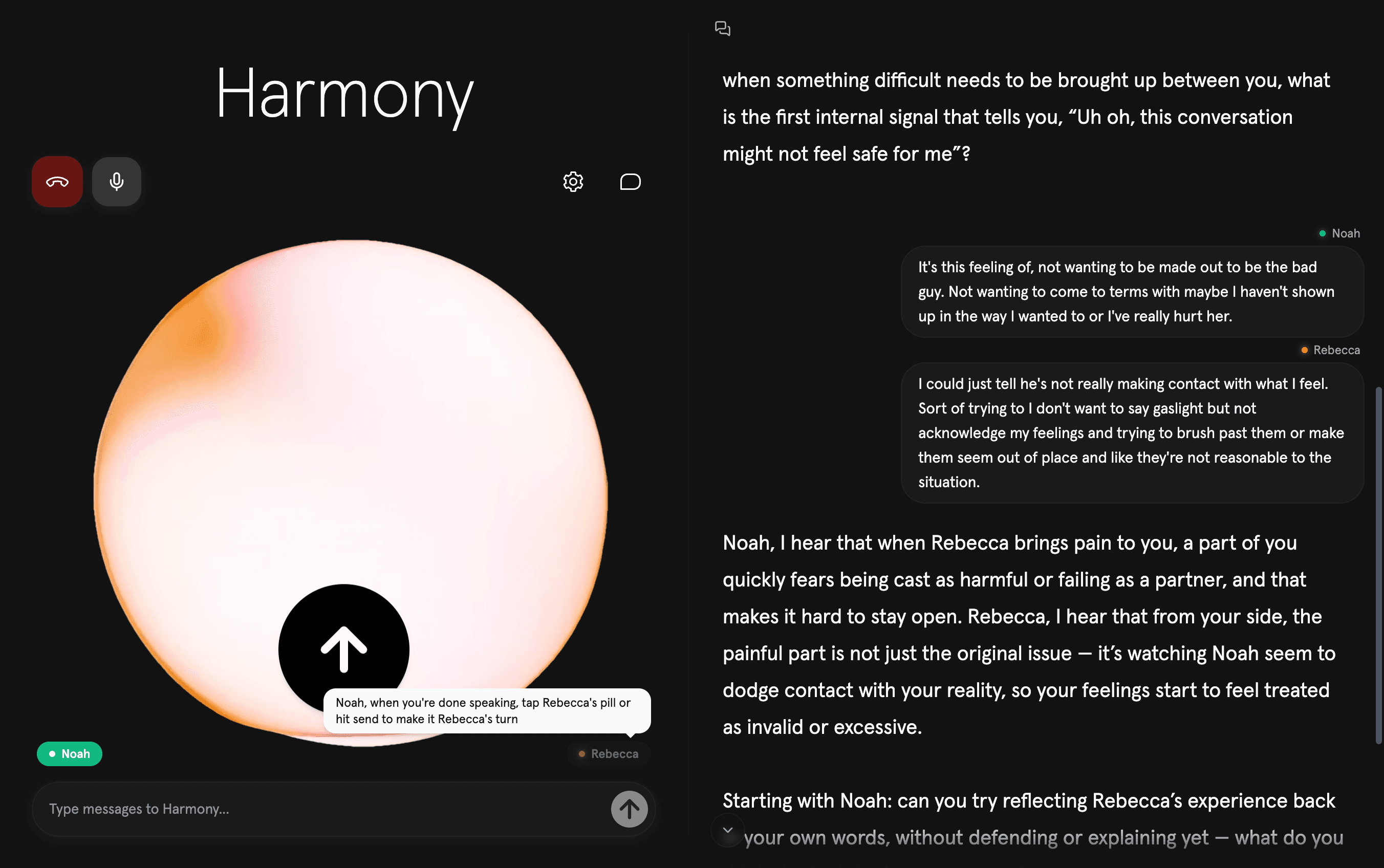 A live relationship session in Harmony, guiding Noah and Rebecca turn by turn