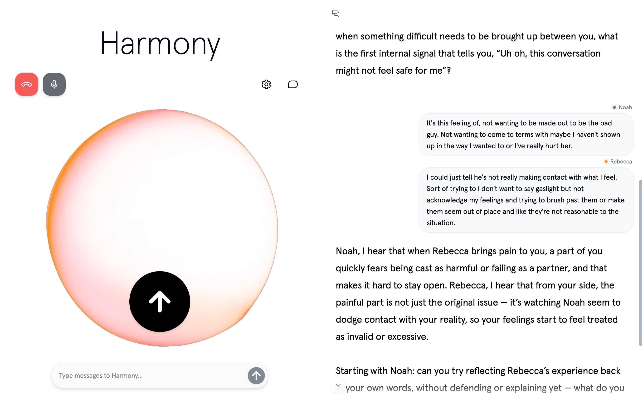 A live relationship session in Harmony, guiding Noah and Rebecca turn by turn