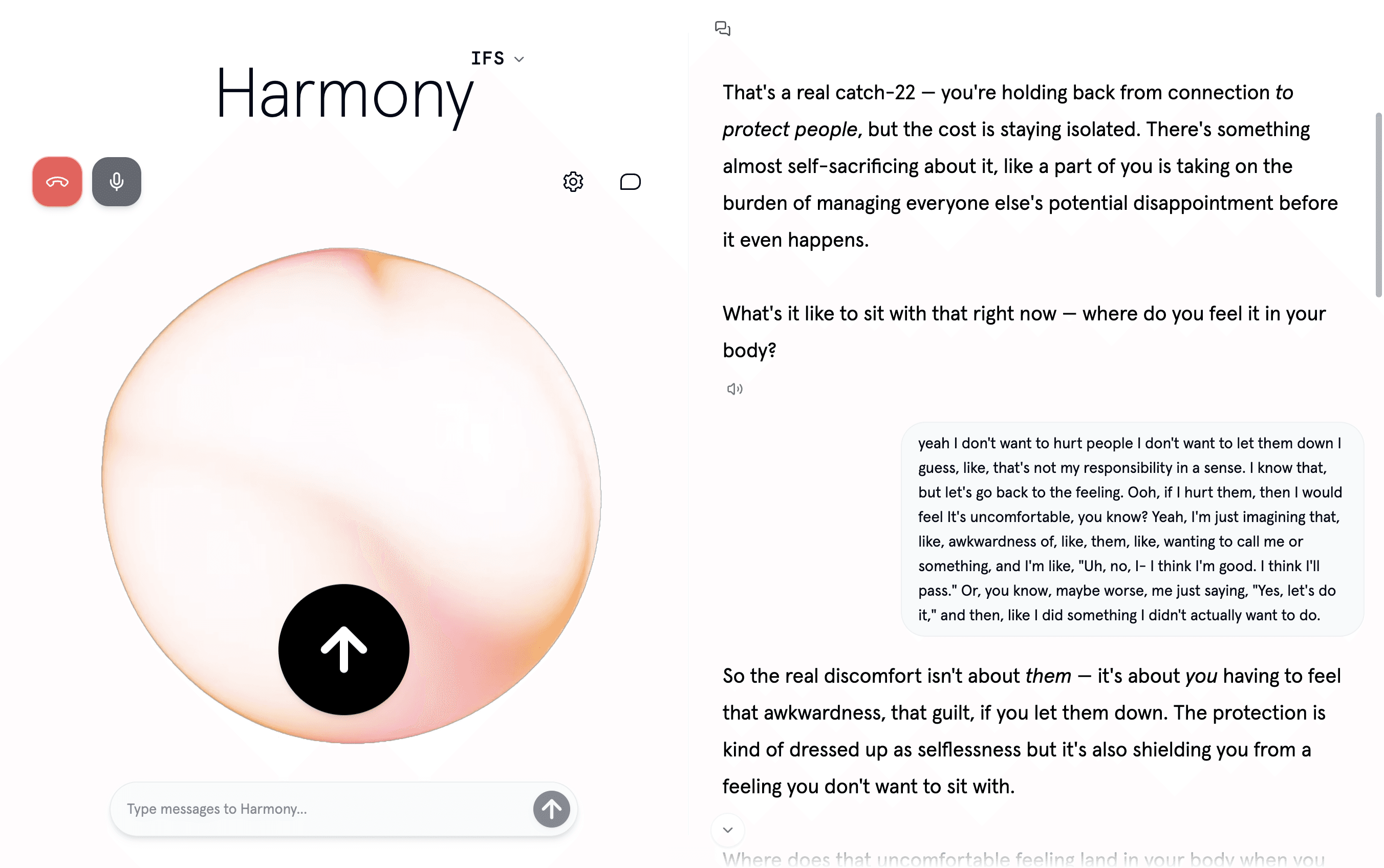 A live voice IFS session in Harmony with the orb and running transcript