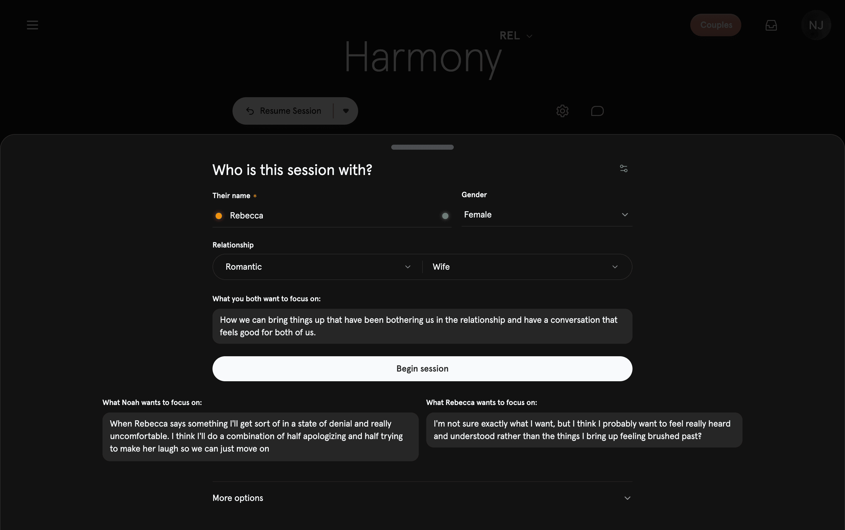 Harmony's pre-session drawer for a relationship session, with a shared focus and each partner's own focus