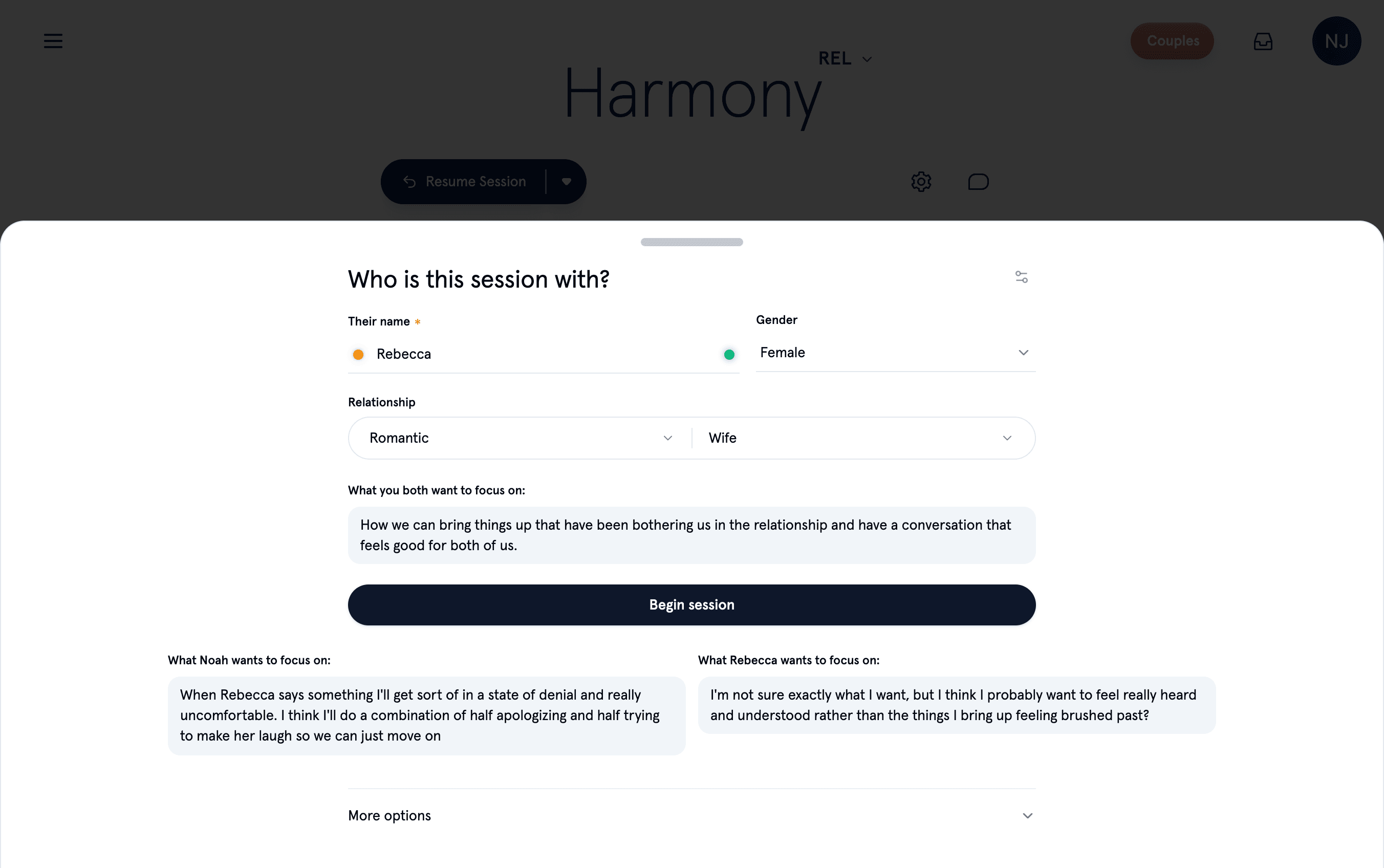 Harmony's pre-session drawer for a relationship session, with a shared focus and each partner's own focus