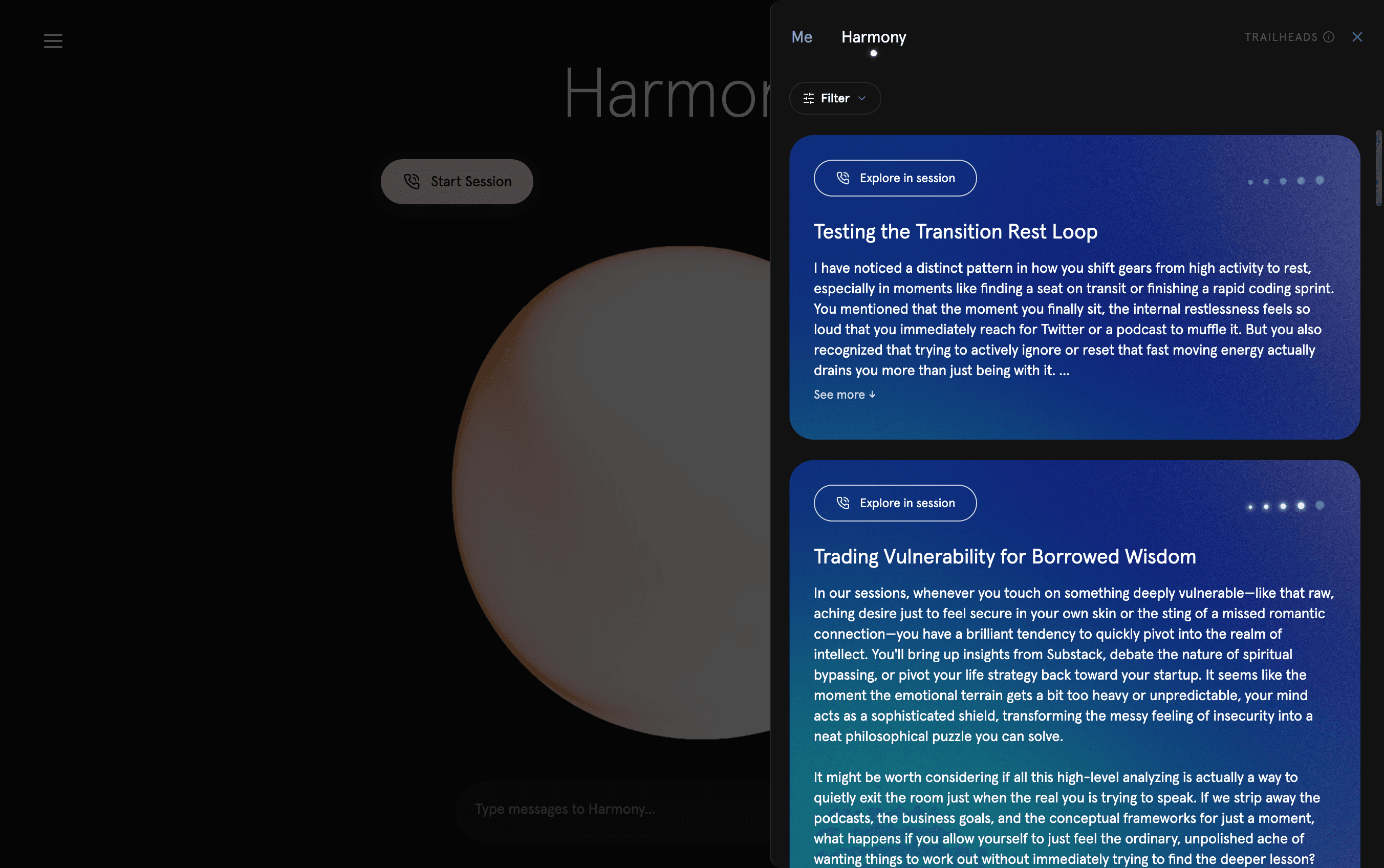 Harmony's trailheads panel with starting points to explore in sessions