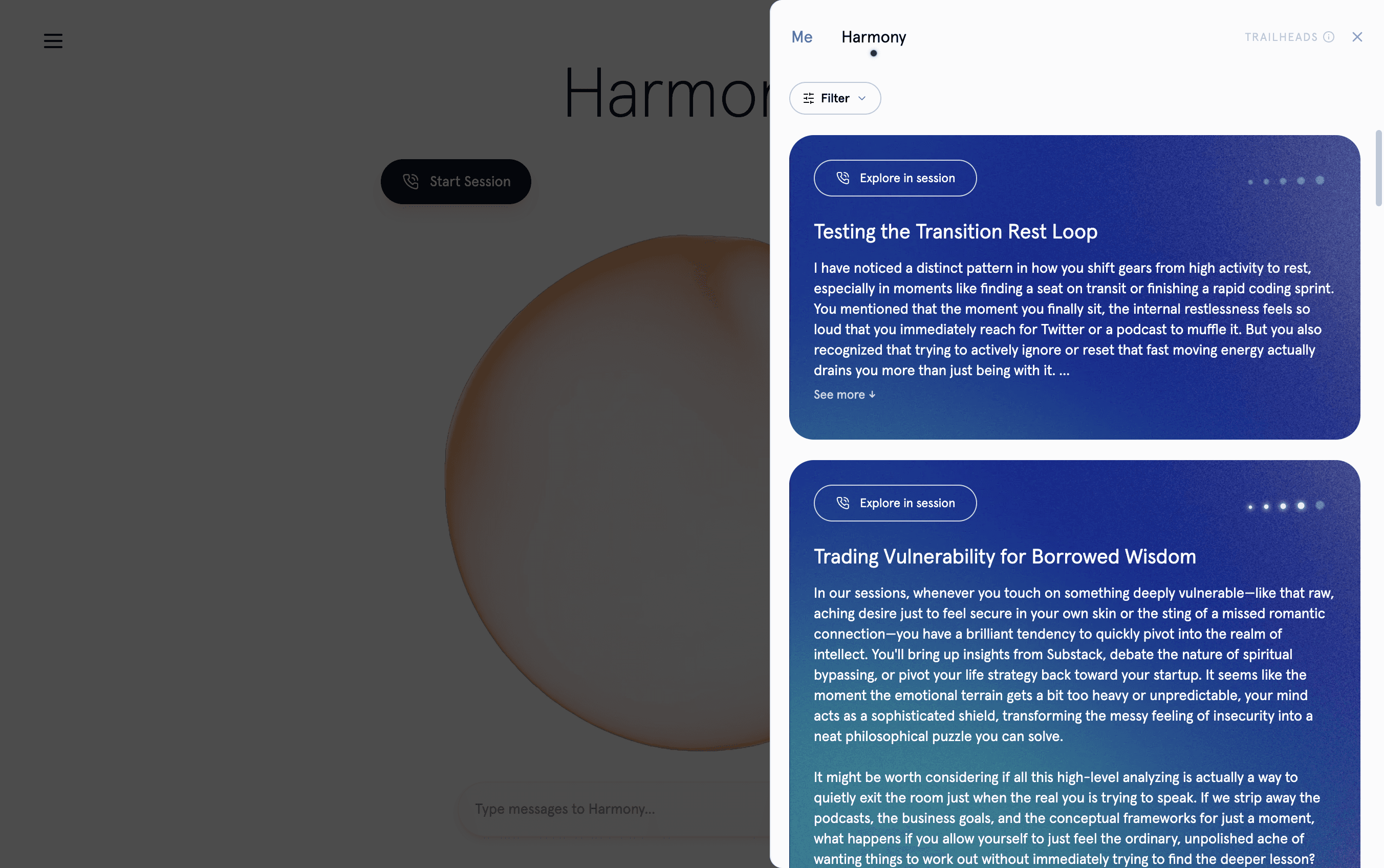 Harmony's trailheads panel with starting points to explore in sessions