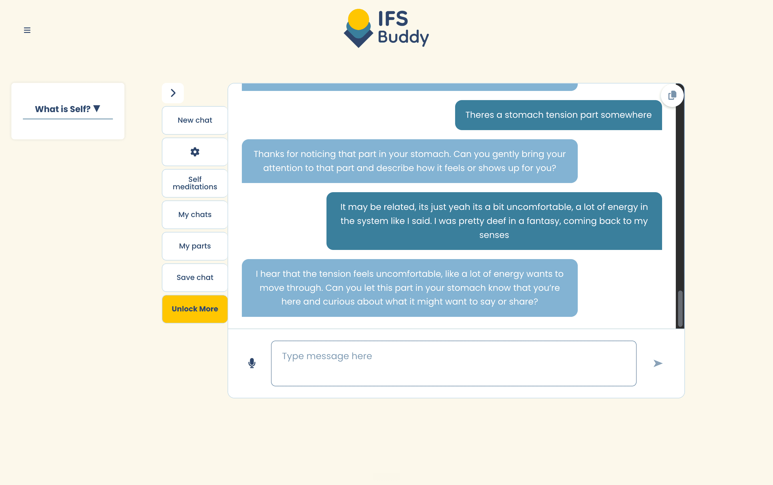A text IFS session in IFS Buddy, exploring a part with guided questions