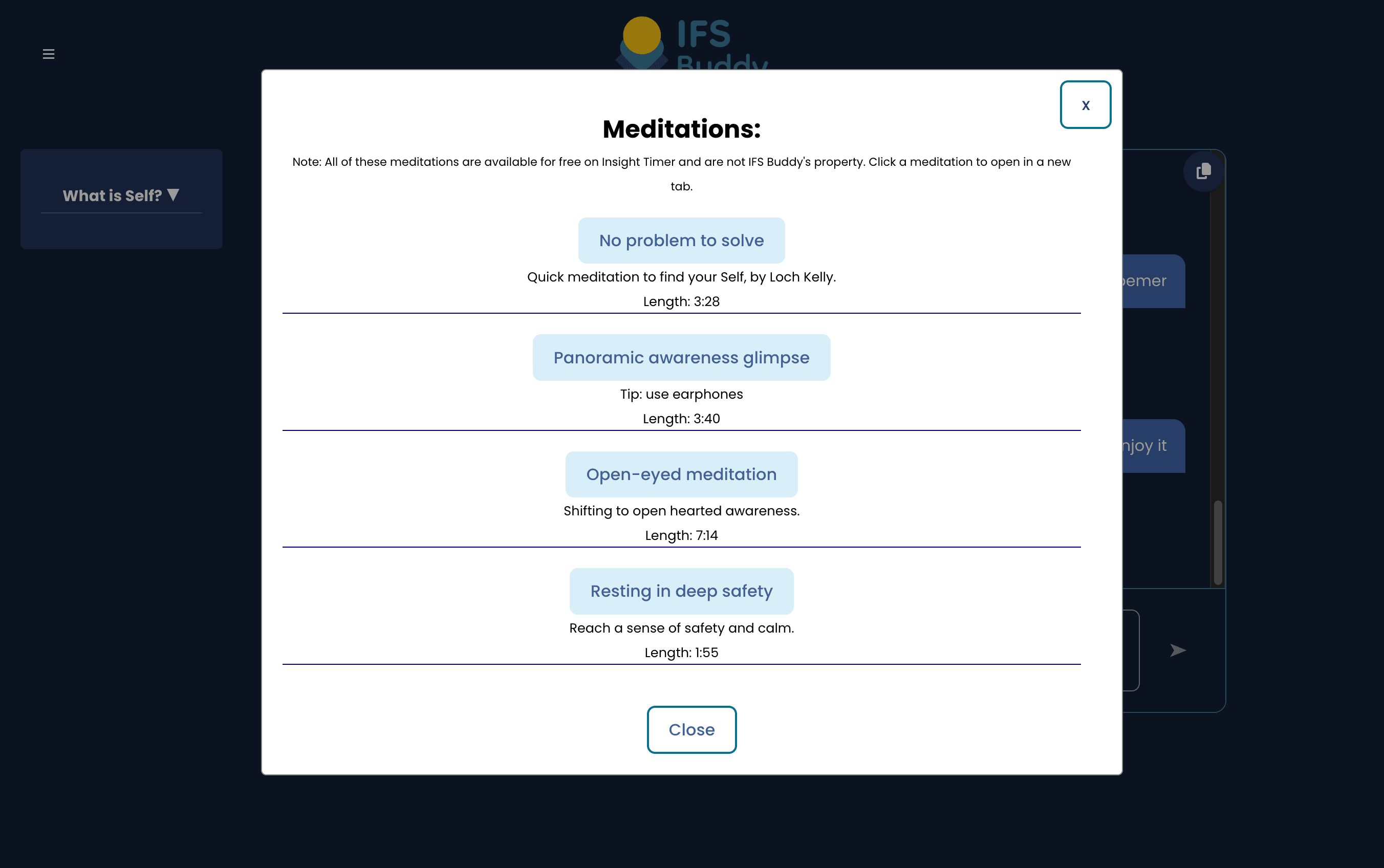 IFS Buddy's Self meditations list linking to free meditations on Insight Timer