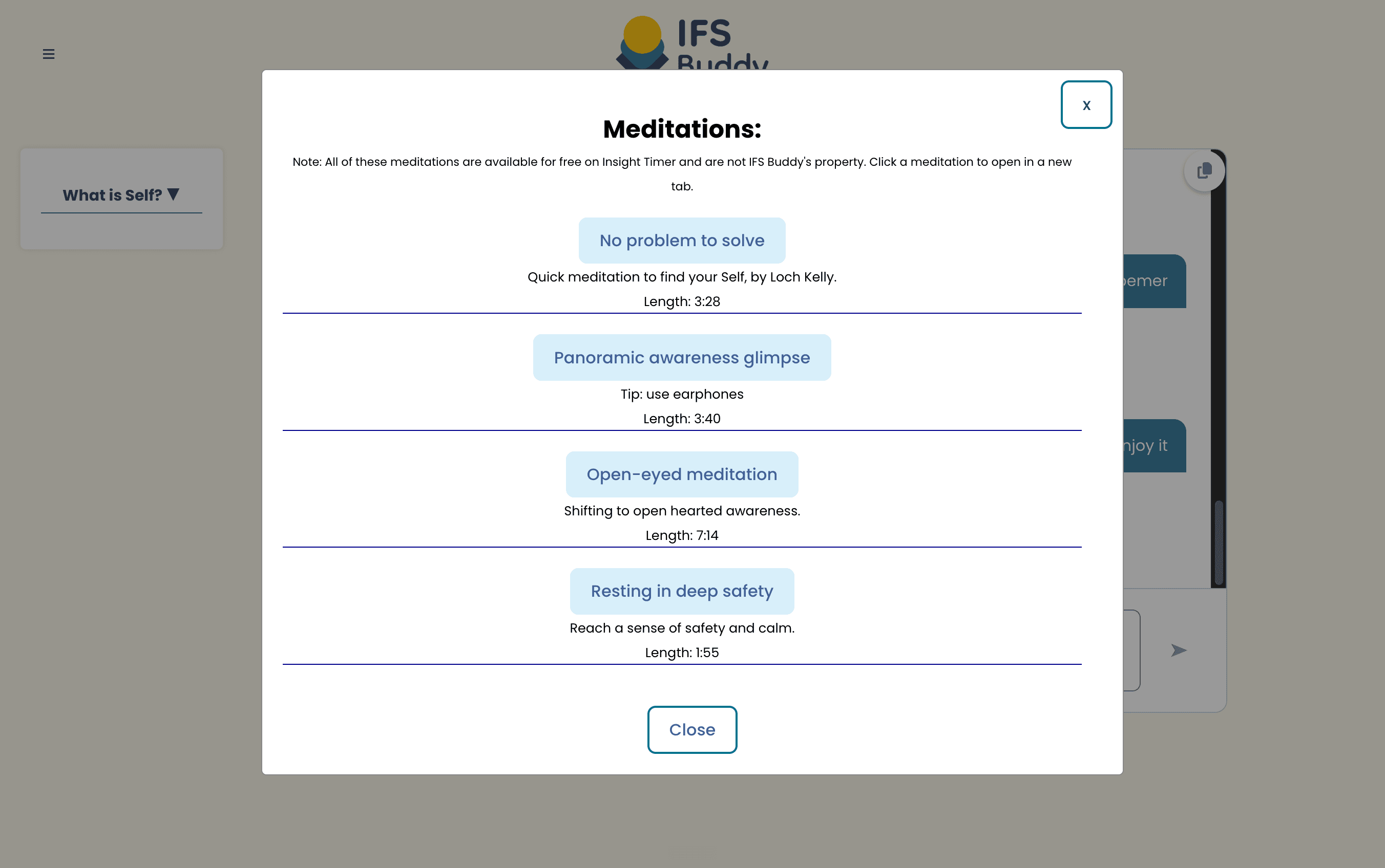 IFS Buddy's Self meditations list linking to free meditations on Insight Timer