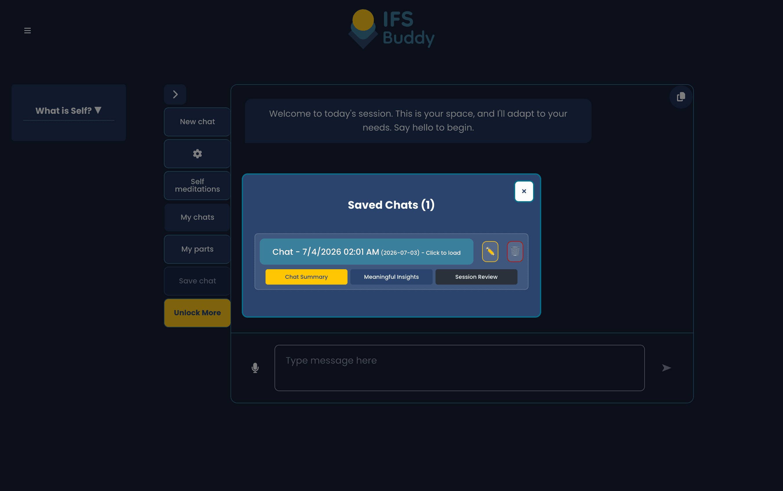 IFS Buddy's saved chats list with chat summary, meaningful insights, and session review buttons