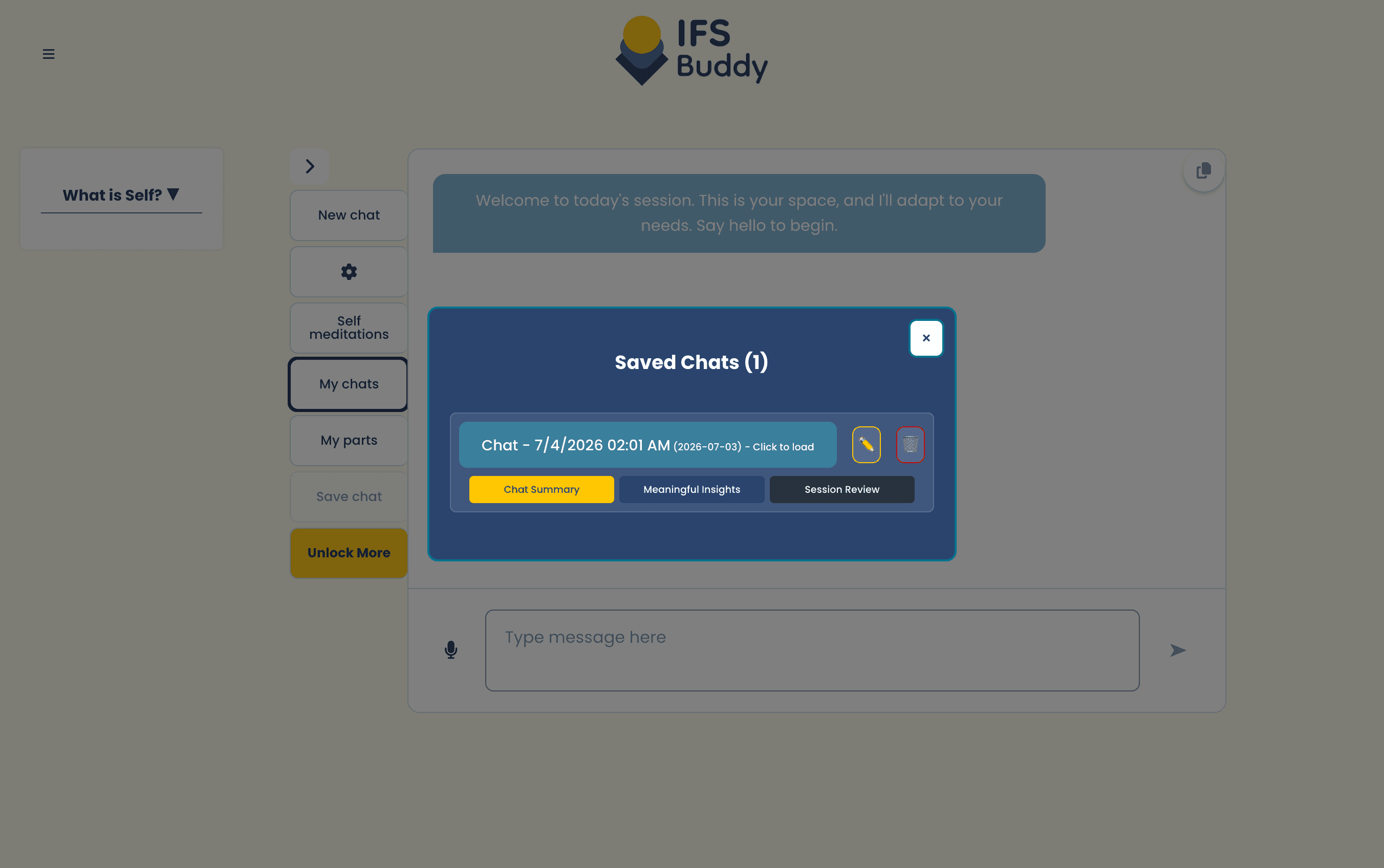 IFS Buddy's saved chats list with chat summary, meaningful insights, and session review buttons