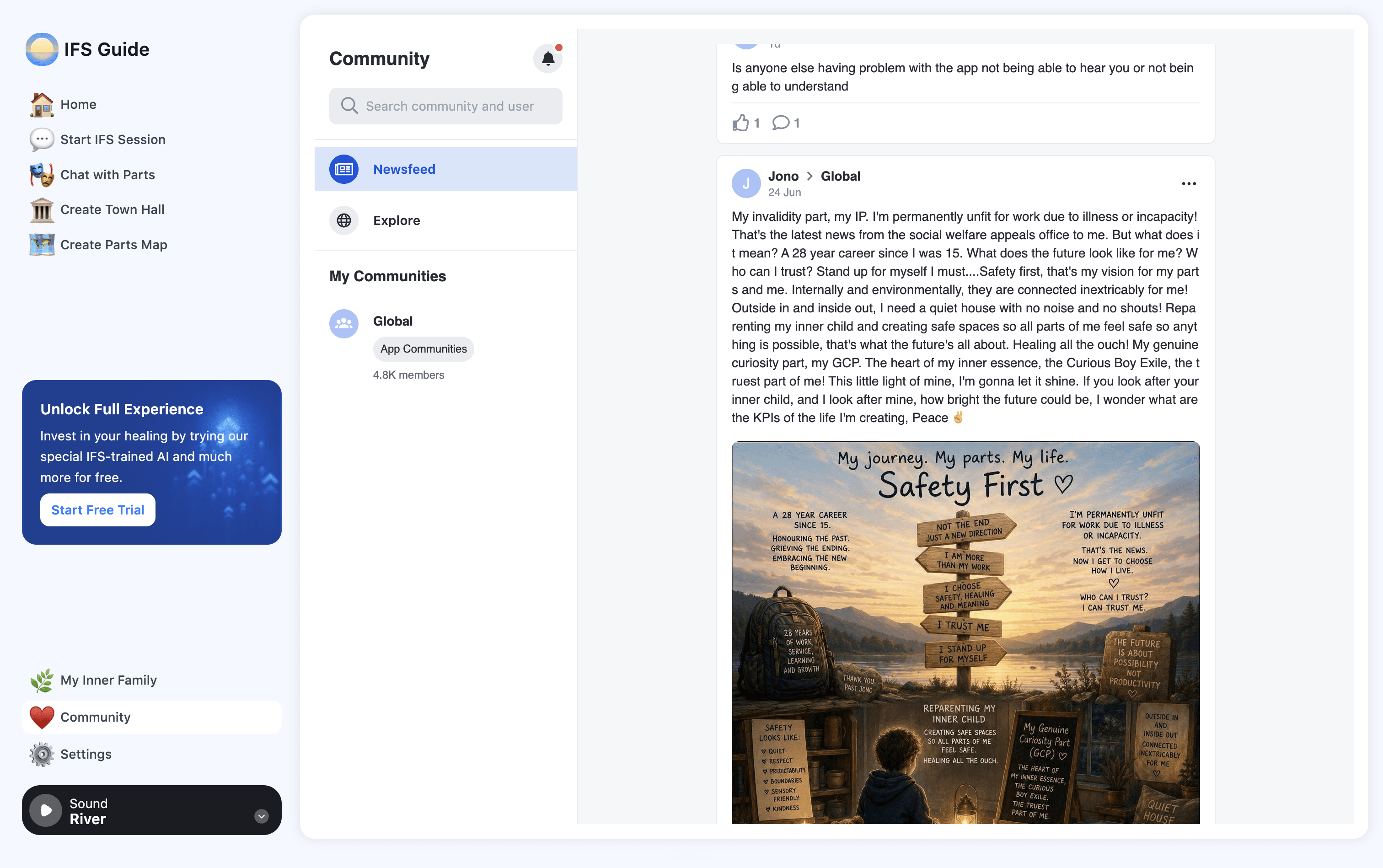 IFS Guide's community newsfeed with member posts