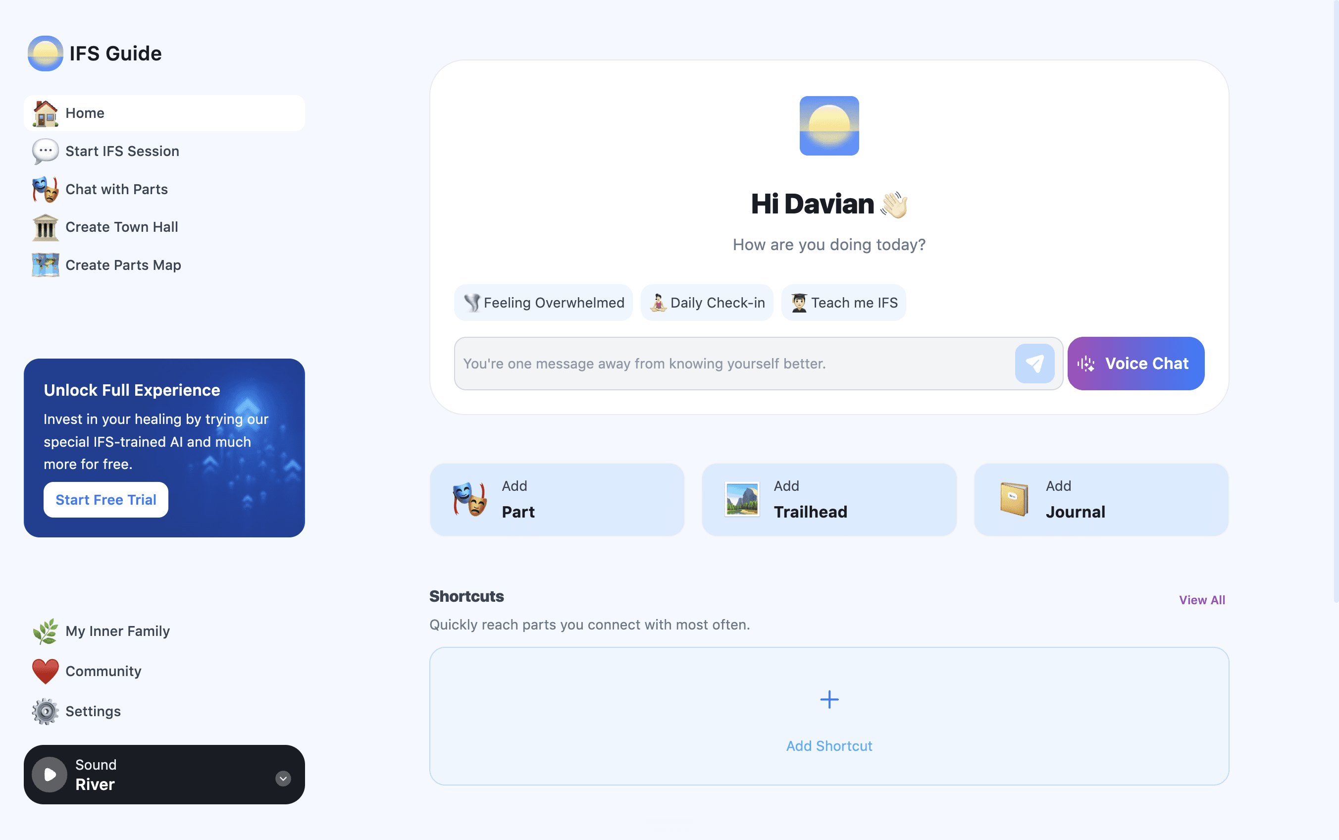 IFS Guide's home screen with quick actions and a message box for Sunny