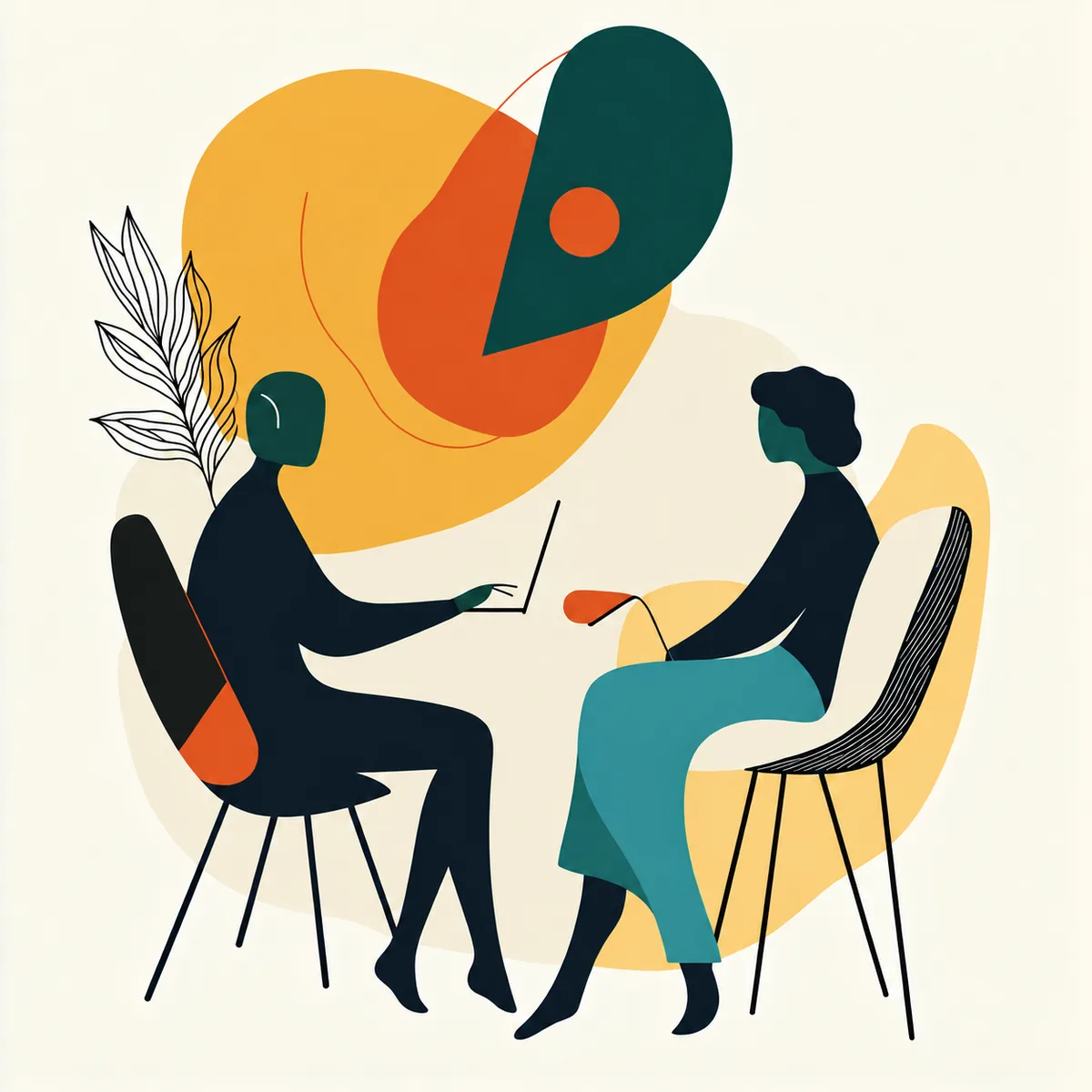 Minimal illustration of an AI therapist and a woman seated together in session