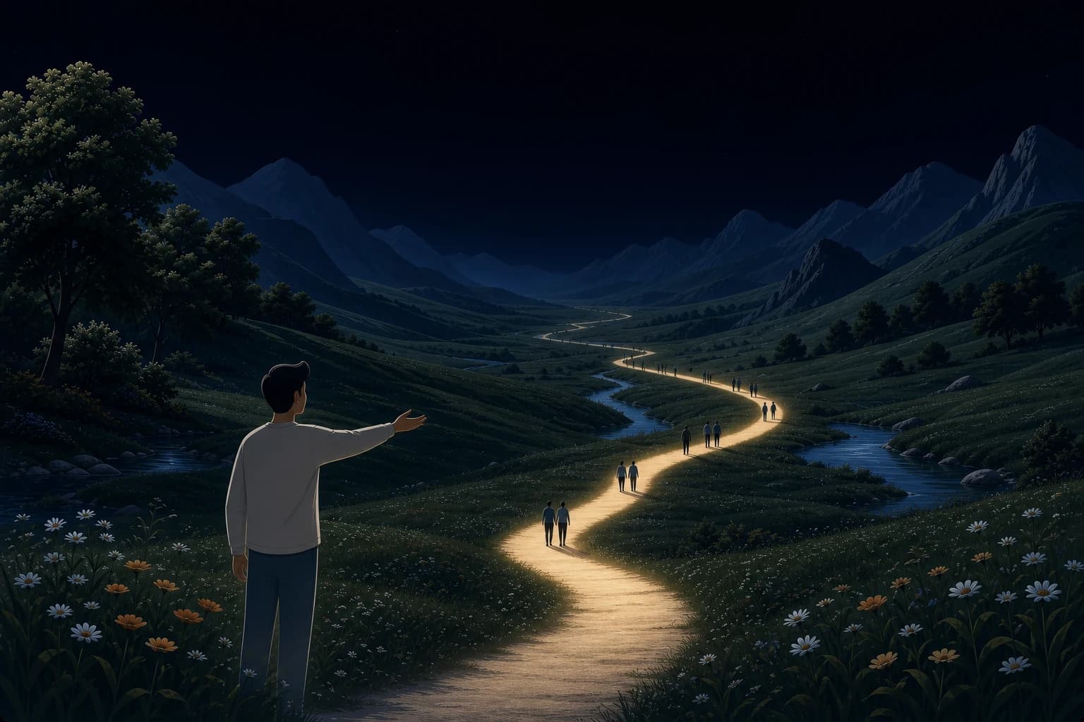 A guide pointing people toward a glowing path through a calm night landscape