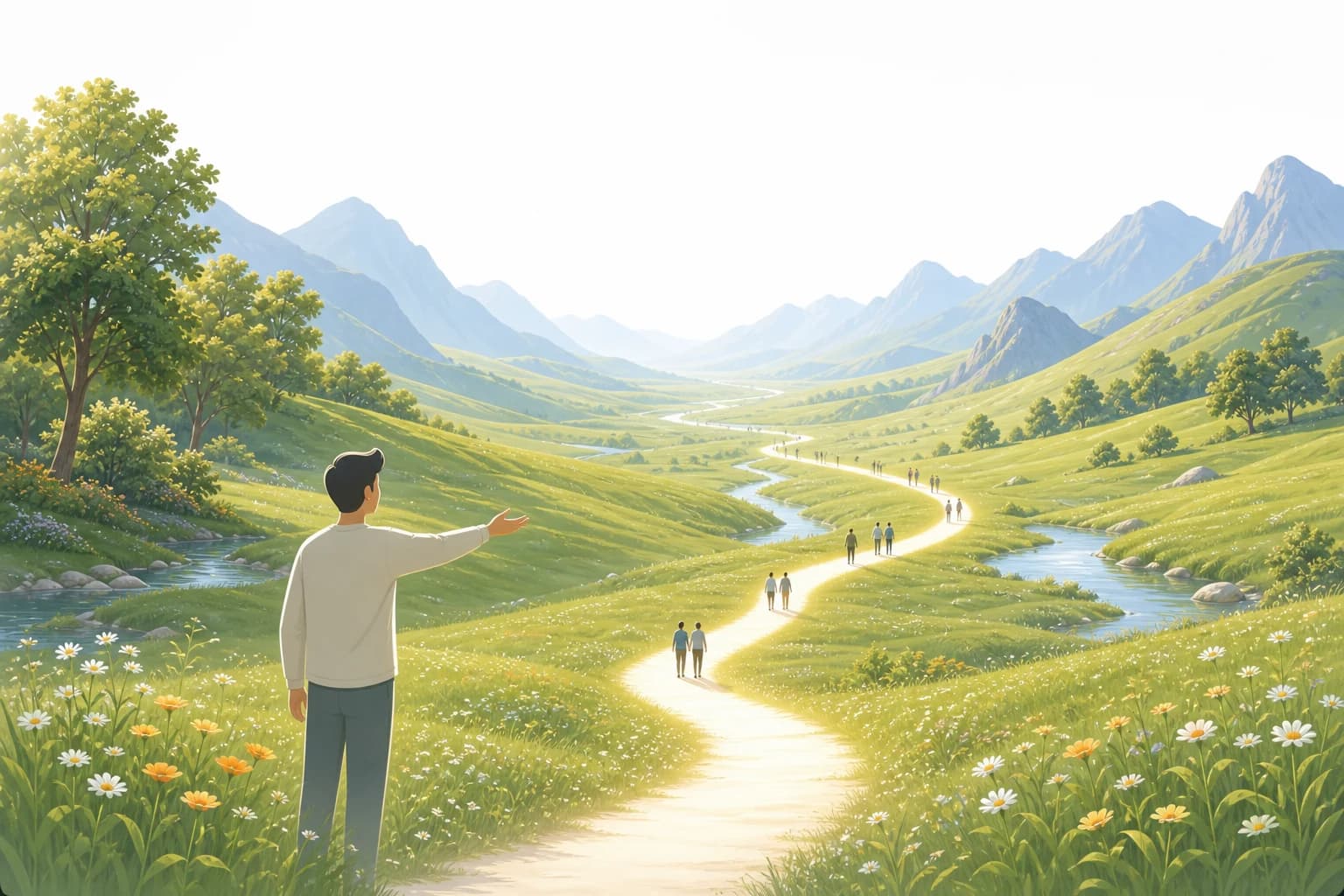 A guide pointing people toward a bright path through a calm green landscape